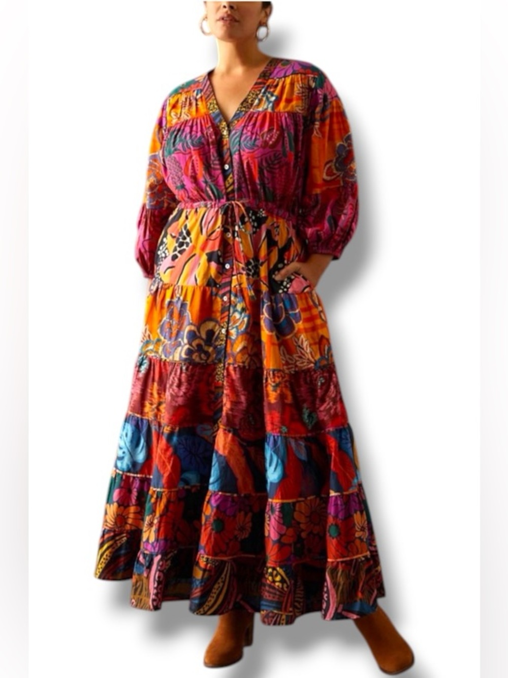 NEW Farm Rio Maxi Dress Size 2X Floral Print Tiered Button Up Boho Artsy